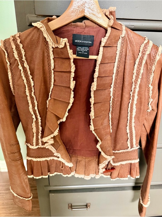 Moda International Jackets & Blazers - Moda International Brown Leather Jacket with Cream Trim